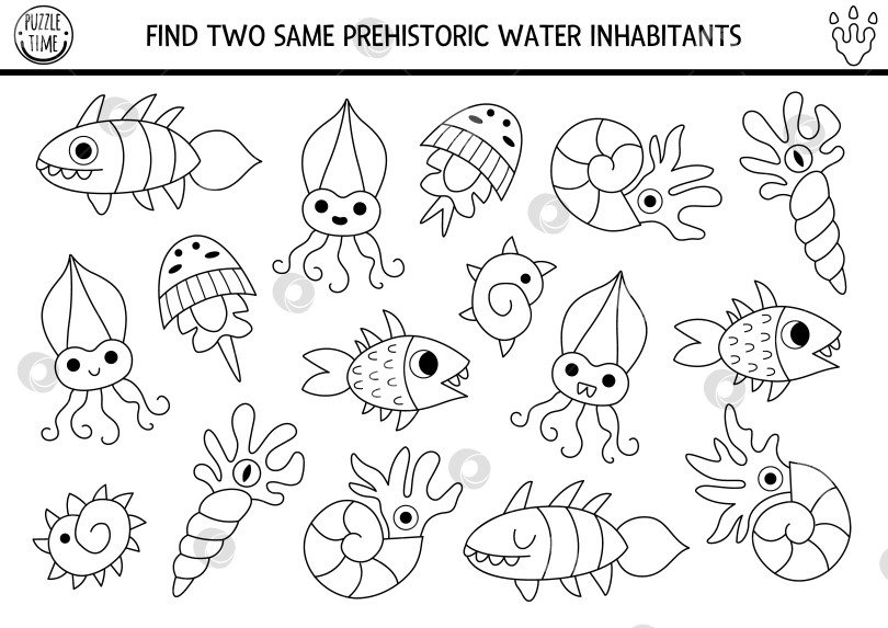 Скачать Найдите двух одинаковых доисторических обитателей воды. Задание на подбор черно-белого цвета. Рабочая тетрадь-викторина по динозаврам для детей с древними животными океана. Игра для печати, раскраска с рыбками фотосток Ozero