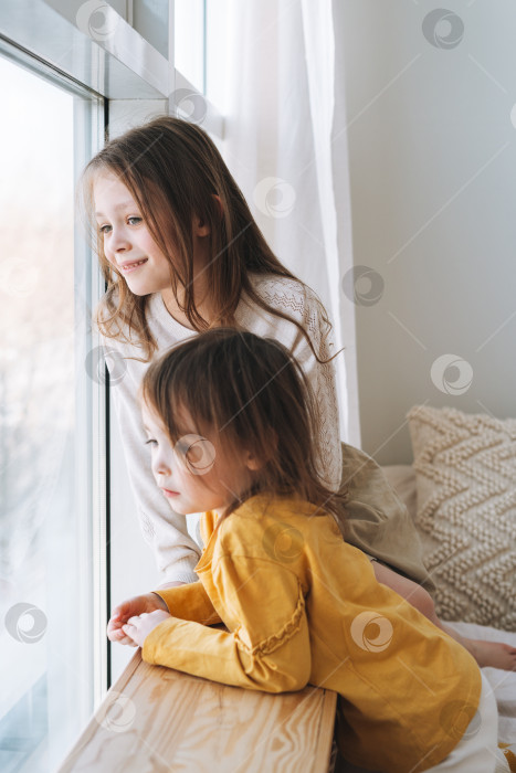 Скачать Милые маленькие девочки-сестрички смотрят в окно дома фотосток Ozero