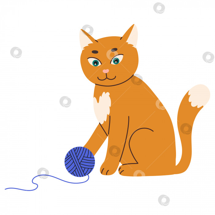 Скачать Симпатичный рыжий кот играет с синим мячом. Плоская векторная иллюстрация домашнего животного фотосток Ozero