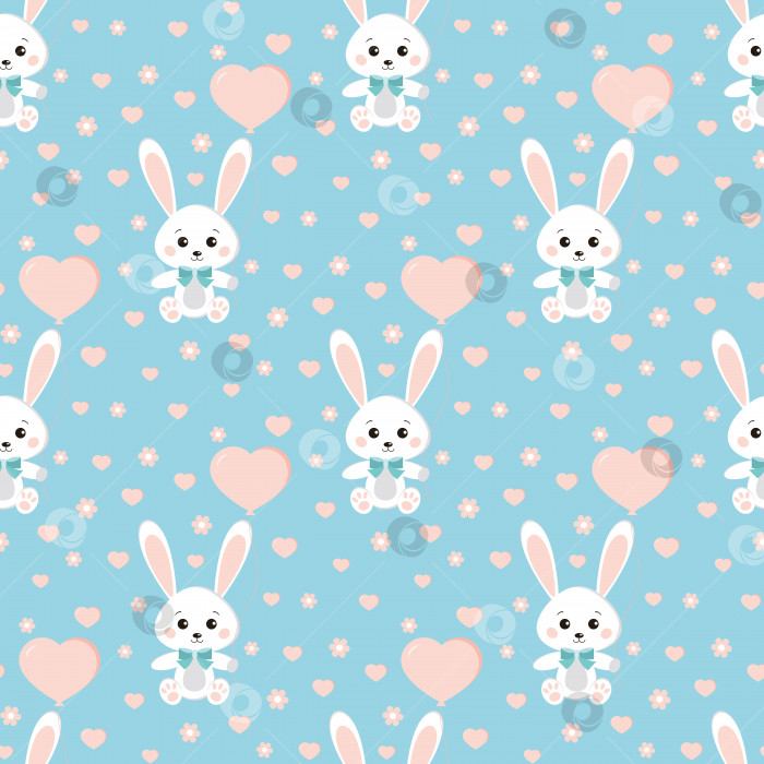 Скачать Векторный бесшовный узор с милым кроликом или зайцем с галстуком-бабочкой, воздушным шариком, сердечками, цветами на синем фоне. фотосток Ozero