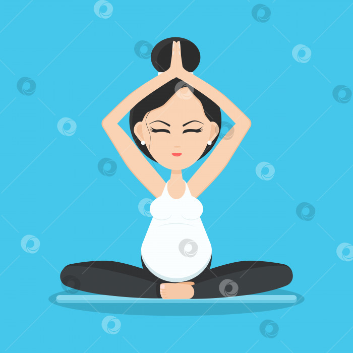 Скачать Изолированная улыбающаяся беременная женщина медитирует и расслабляется в позе йоги на коврике для йоги. фотосток Ozero