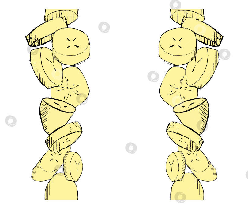 Скачать Вертикальная бесшовная рамка для закусок из кусочков банана. Векторная графика из свежих тропических фруктов, нарезанных ломтиками банана. Национальный день бананов фотосток Ozero