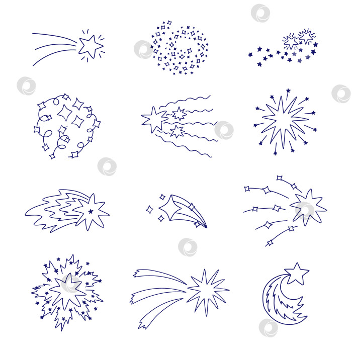 Скачать Большой симпатичный набор звездной пыли, спирального мерцающего облака, клипарта с падающей звездой и нарисованными от руки каракулями. Сверкающая волшебная звездная пыль, кометный дождь. Астрология, астрономия, вселенная, рождественский элемент. фотосток Ozero