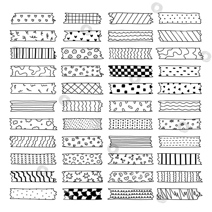 Скачать Большой набор полосок для рисования васи-скотча с закорючками, геометрией, милым рисунком. Клейкая лента с черно-белым орнаментом. Модный декоративный скотч с неровными краями для альбомов для вырезок, ежедневников, дизайна. фотосток Ozero