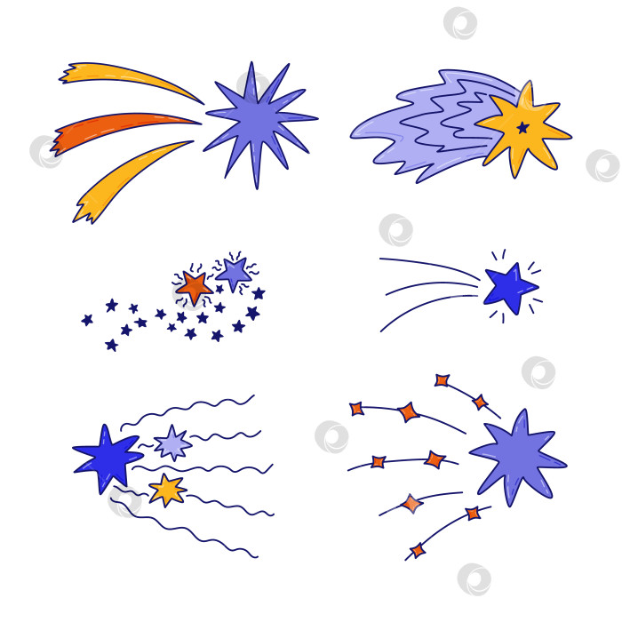 Скачать Красочный милый набор из звездной пыли, спирального мерцающего облака, падающей звезды с нарисованными от руки каракулями. Сверкающая волшебная звездная пыль, кометный дождь. Астрология, астрономия, вселенная, рождественский элемент. фотосток Ozero