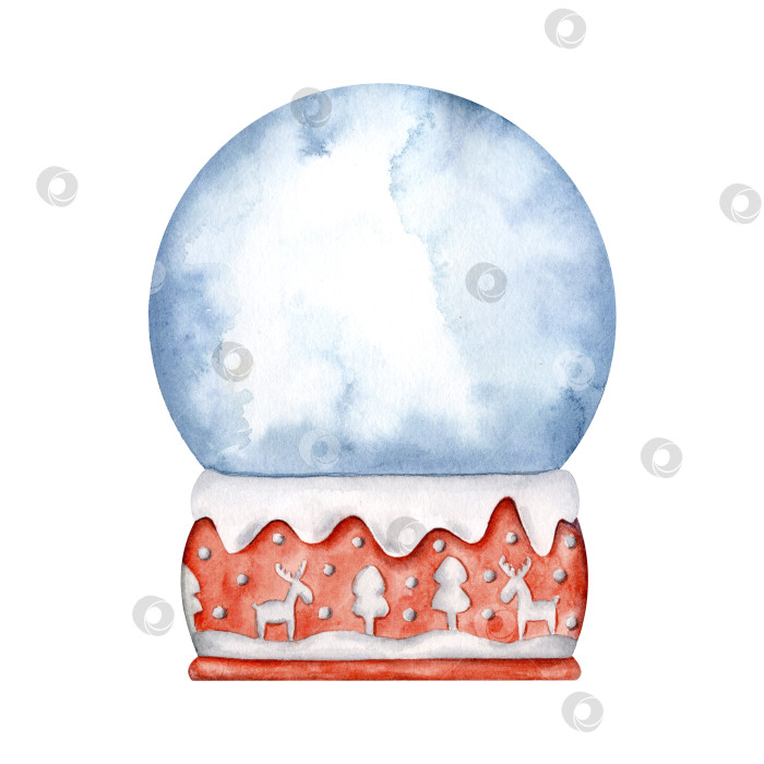 Скачать Новогодне-рождественский нарисованный от руки симпатичный снежный шар на красной подставке с белыми узорами в виде сугробов и оленей. Акварельная иллюстрация для оформления приглашений, открыток, баннеров, оберточной бумаги, обоев. фотосток Ozero