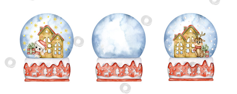 Скачать Новогодне-рождественский рисованный акварельный набор с рождественским снежным шаром, милым оленем, кроликом, домиком-подсвечником и подарком фотосток Ozero