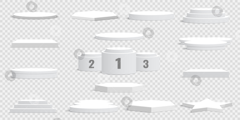Скачать Набор белых пустых подиумов на прозрачном фоне. Подставки. Сцена. Векторная иллюстрация. фотосток Ozero