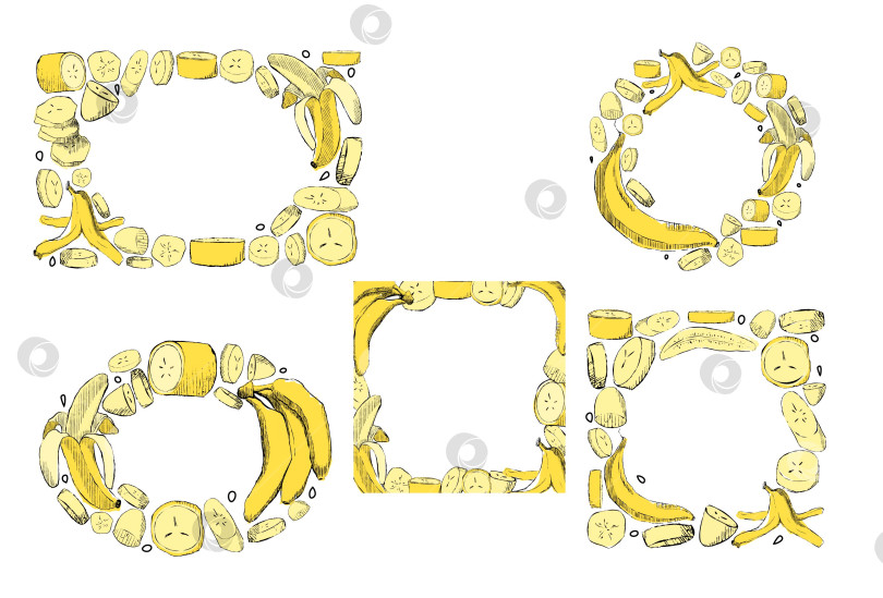 Скачать Набор для оформления рамок из тропических желтых бананов. коллекция векторных графических мультфильмов для свадебных приглашений, шаблонов брошюр, меню ресторана фотосток Ozero