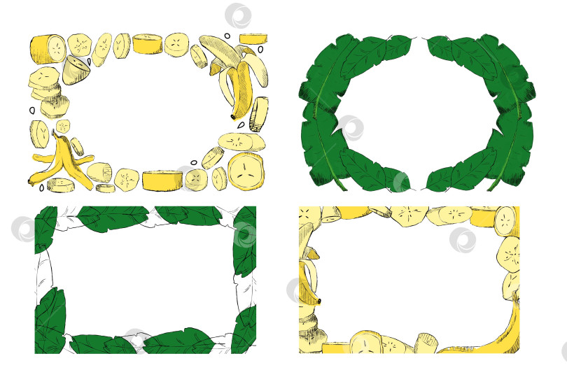 Скачать Установите прямоугольные рамки с тропическими листьями и бананами. Шаблон для приглашений, свадьбы и любого другого оформления. Прямоугольная рамка с векторной графикой и мультяшным рисунком фотосток Ozero