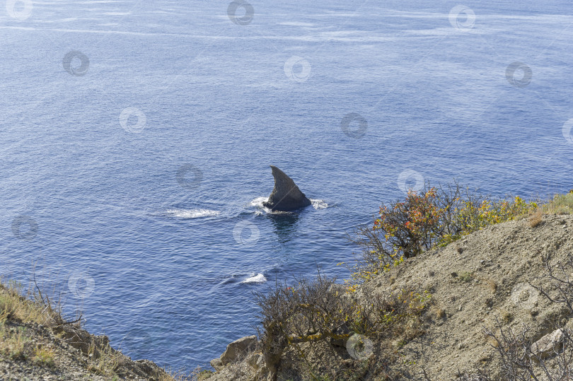 Скачать Скала в море, по форме напоминающая плавник акулы. Крым. фотосток Ozero