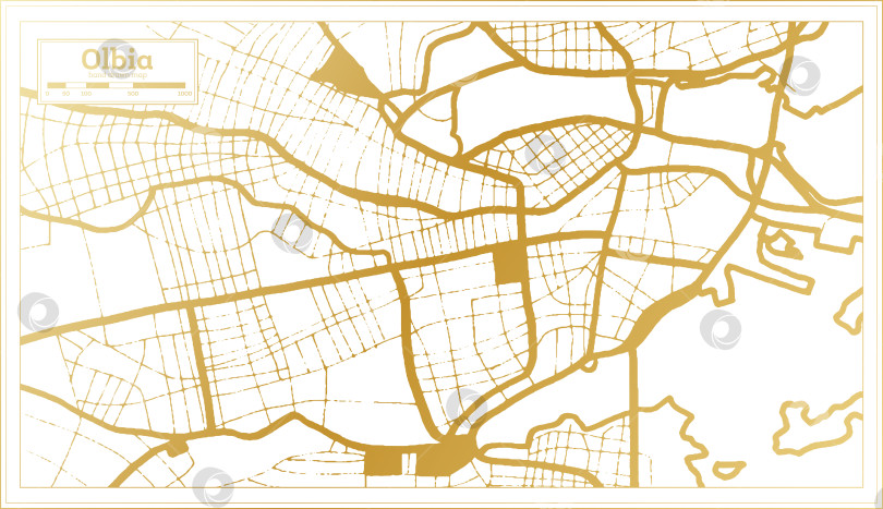 Скачать Карта города Ольбия, Италия, выполненная в золотистых тонах в стиле ретро. Схематическая карта. фотосток Ozero