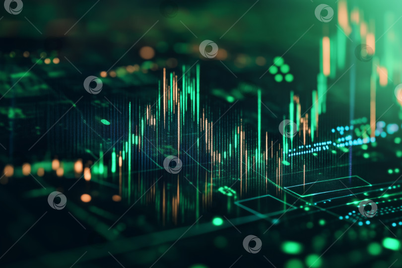 Скачать Цифровая иллюстрация графика фондового рынка с зелеными и синими данными на темном фоне. Концепция визуализации финансовых, торговых и экономических данных фотосток Ozero