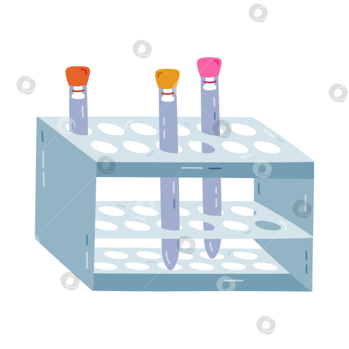 Скачать Симпатичная мультяшная подставка для пробирок со стеклянной посудой с пробковой пробкой для химических и медицинских экспериментов. Стеклянная пробирка в подставке для исследовательской лаборатории, биологического анализа. Нарисованный от руки научный инструмент, выделенный на белом фоне. фотосток Ozero