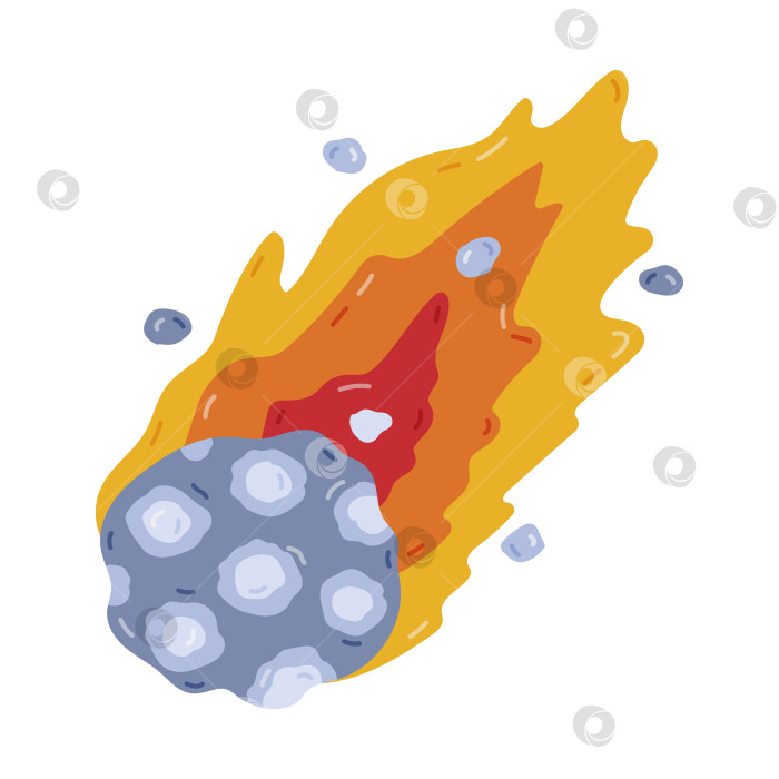 Скачать Милый мультяшный падающий астероид в пламени. Горящая комета, метеор, небесное тело в детском стиле. Рисованный клипарт космического метеорита с огнем и камнями на белом фоне. фотосток Ozero