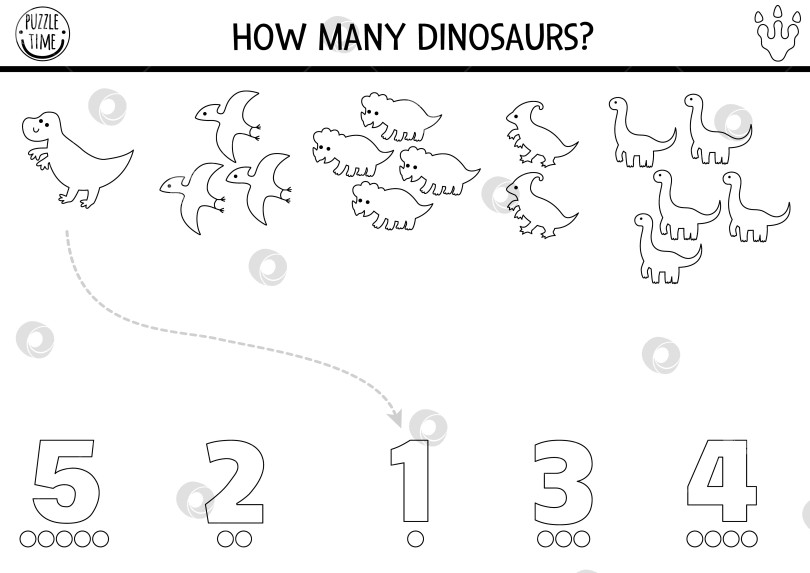 Скачать Черно-белая игра с динозаврами для подсчета и подбора комбинаций. Математическое упражнение для детей дошкольного возраста. Таблица для подсчета в доисторическую эпоху с тираннозаврами, брахиозаврами, трицератопсами и игуанодонами фотосток Ozero