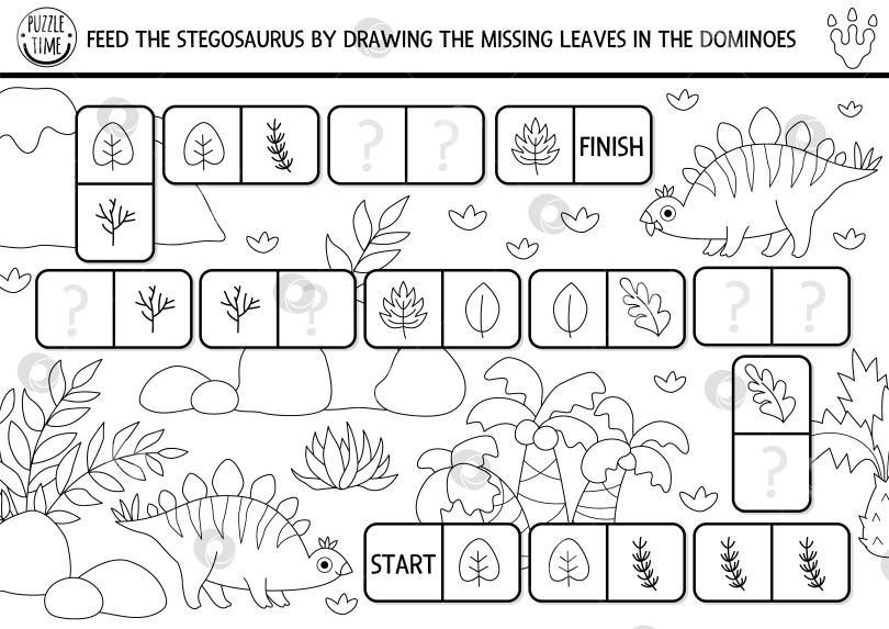 Скачать Векторный черно-белый пазл-домино с динозаврами для детей с картинками. Викторина по распознаванию доисторических форм. Лабиринт, рисование, сопоставление и логические упражнения со стегозавром и листьями. Нарисуйте недостающие объекты фотосток Ozero