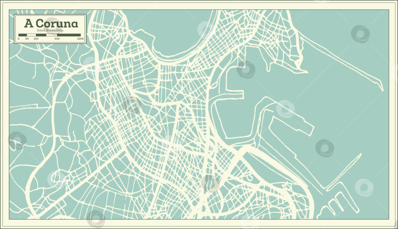 Скачать Карта города Ла-Корунья в Испании, выполненная в ретро-стиле. Схематическая карта. фотосток Ozero