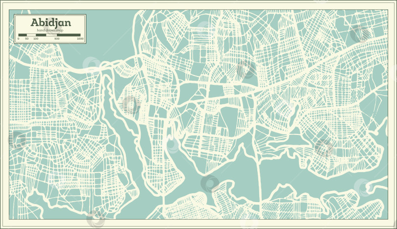 Скачать Карта города Абиджан на побережье Слоновой Кости в стиле ретро. Схема города. фотосток Ozero