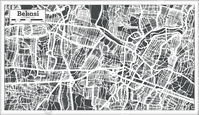 Скачать Карта города Бекаси в Индонезии, выполненная в ретро-стиле. Схематическая карта. фотосток Ozero