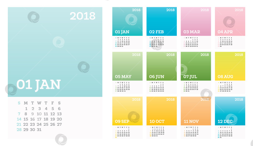 Скачать Календарь на 12 месяцев 2018 года пастельного цвета в минималистичном стиле. фотосток Ozero