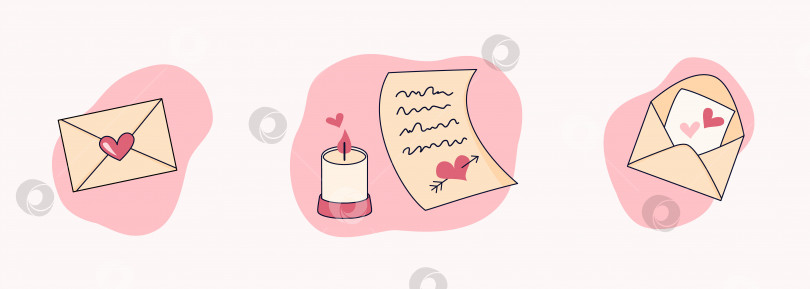 Скачать Набор элементов из конвертов с сердечком, любовным письмом и свечой. Романтическая милая иллюстрация в плоском стиле. фотосток Ozero