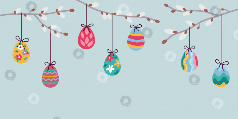 Скачать Пасхальные яйца висят на ветвях ивы на серо-голубом фоне. Иллюстрация в плоском стиле фотосток Ozero