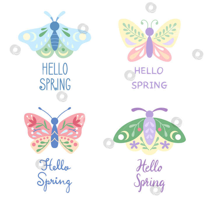 Скачать Надпись "Здравствуй, весна". Набор мотыльков и бабочек в стиле doodle flat весенних цветов. фотосток Ozero