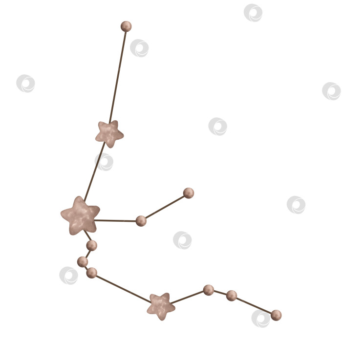 Скачать Акварельная иллюстрация Зодиака, выполненная от руки, с изображением созвездия Водолея. Симпатичное коричневое созвездие акварельных звезд для детей. фотосток Ozero