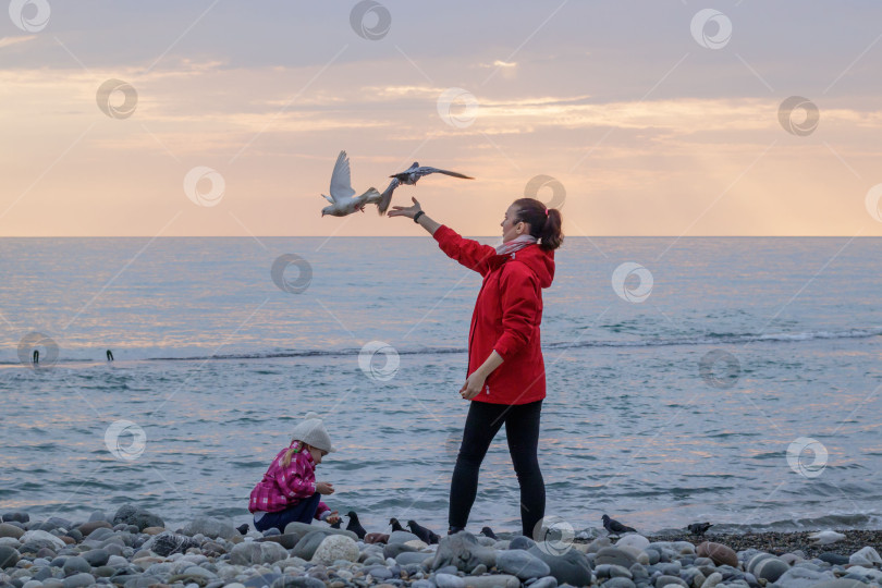 Скачать Мать и дочь кормят чаек на морском побережье. фотосток Ozero