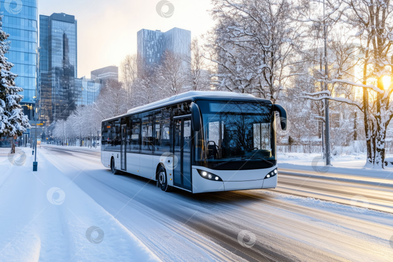 Скачать Современный белый автобус едет по заснеженной дороге посреди зимнего пейзажа. Покрытые инеем деревья и утренний солнечный свет создают живописный фон. Концепция зимнего транспорта фотосток Ozero