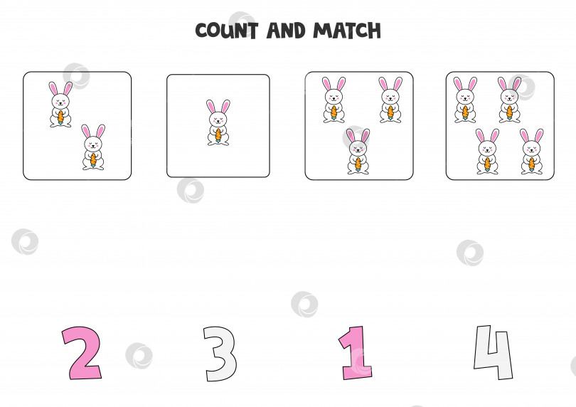 Скачать Игра для подсчета голосов для детей. Сосчитайте всех пасхальных кроликов и сопоставьте их с цифрами. Рабочая тетрадь для детей. фотосток Ozero