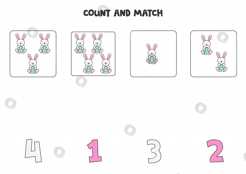 Скачать Игра для подсчета голосов для детей. Сосчитайте всех пасхальных кроликов и сопоставьте их с цифрами. Рабочая тетрадь для детей. фотосток Ozero