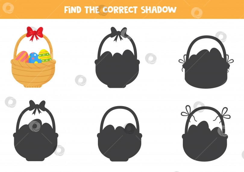 Скачать Найдите правильную тень милой пасхальной корзинки. Логическая головоломка для детей. фотосток Ozero