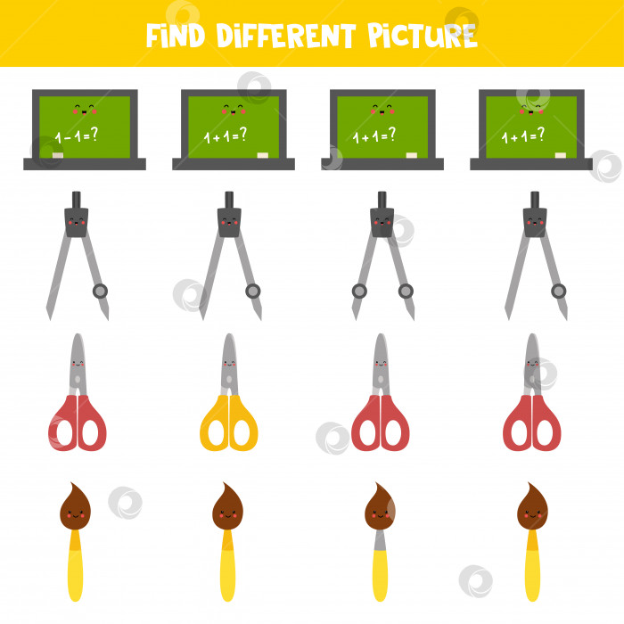 Скачать Найдите разные школьные принадлежности в каждом ряду. Логическая игра для детей дошкольного возраста. фотосток Ozero