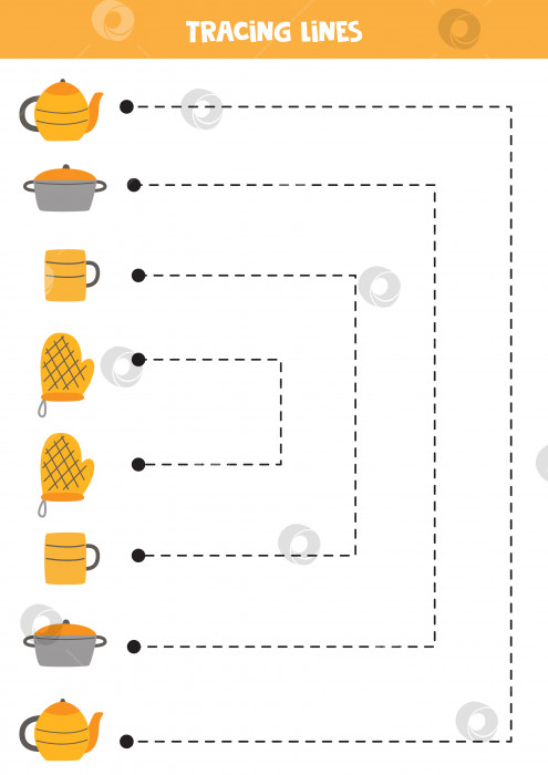 Скачать Рисование линий для детей. Мультяшная кухонная утварь. фотосток Ozero