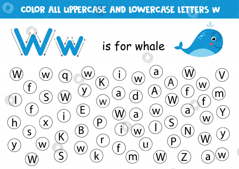 Скачать Расставьте точки над всеми буквами W. Образовательный лист для изучения алфавита. фотосток Ozero