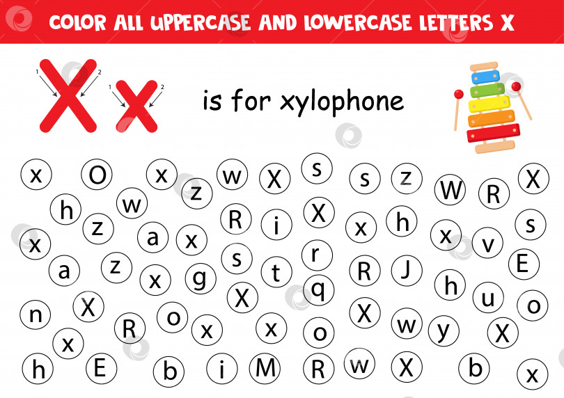 Скачать Расставьте точки над всеми буквами X. Учебный лист для изучения алфавита. фотосток Ozero