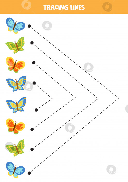 Скачать Обводка линий для детей разноцветными бабочками. Практикуйтесь в написании от руки. фотосток Ozero