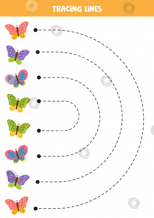 Скачать Обводка линий для детей разноцветными бабочками. Практикуйтесь в написании от руки. фотосток Ozero