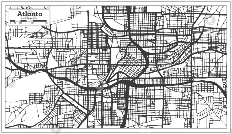 Скачать Карта города Атланта, Джорджия, США, выполненная в черно-белом цвете в стиле ретро. Схематическая карта. фотосток Ozero