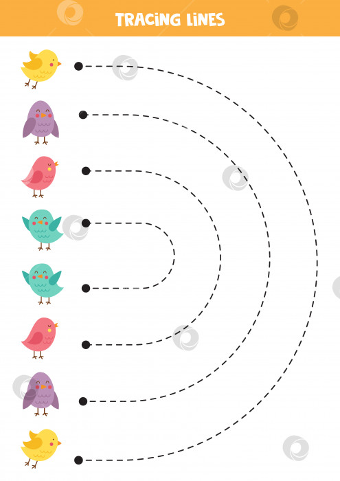 Скачать Обводка линий для детей разноцветными птичками. Практикуйтесь в написании от руки. фотосток Ozero
