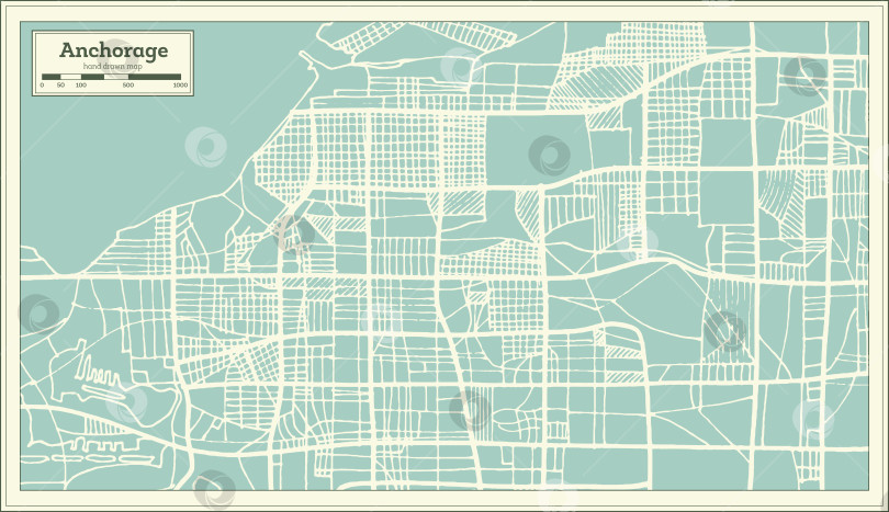 Скачать Карта города Анкоридж на Аляске, США, выполненная в ретро-стиле. Схематическая карта. фотосток Ozero