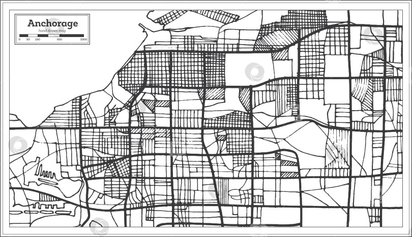 Скачать Карта города Анкоридж на Аляске, США, выполненная в ретро-стиле. Схематическая карта. фотосток Ozero