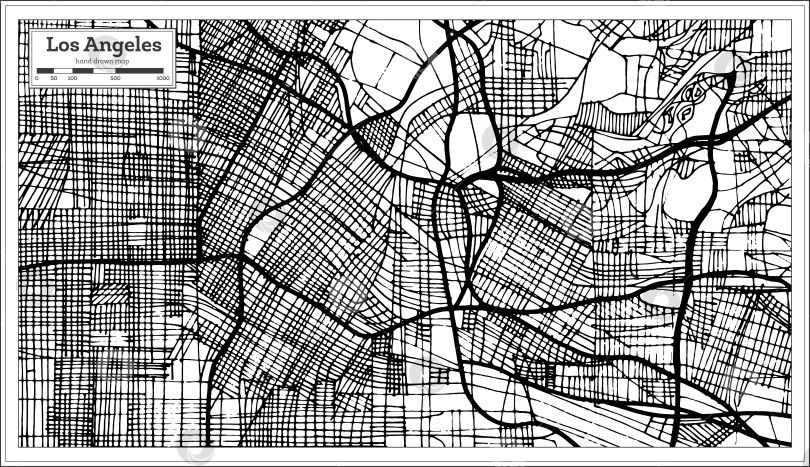 Скачать Карта города Лос-Анджелес, Калифорния, США, выполненная в черно-белом цвете в стиле ретро. Схематическая карта. фотосток Ozero