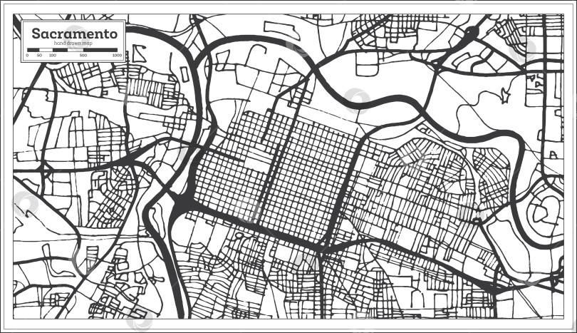 Скачать Карта города Сакраменто, Калифорния, США, выполненная в ретро-стиле. Схематическая карта.  фотосток Ozero