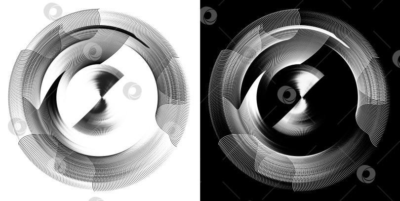 Скачать Абстрактные круглые монохромные веера с изогнутыми лопастями на белом и черном фоне. Набор. Иконка, логотип, символ, вывеска. 3D-иллюстрация. 3D-рендеринг. фотосток Ozero