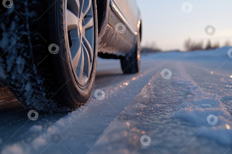 Скачать Автомобиль на покрытой льдом дороге зимой. Зимние шины крупным планом. фотосток Ozero