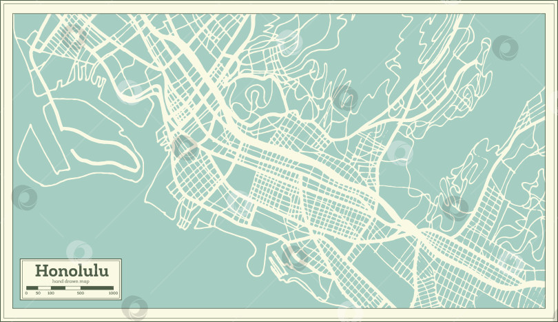 Скачать Карта города Гонолулу, США, выполненная в ретро-стиле. Схематическая карта.  фотосток Ozero