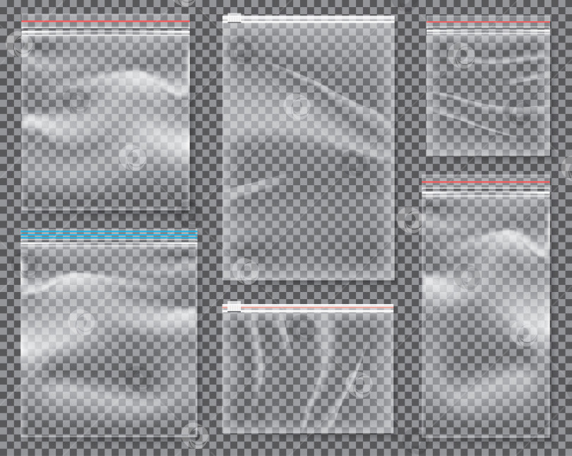 Скачать Прозрачная нейлоновая сумка с замком или застежкой-молнией. Набор изолированных запечатанных полиэтиленовых упаковок. фотосток Ozero